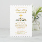 Invitation Aquarelle Magnolia Floral Communion Gold Cross (Debout devant)
