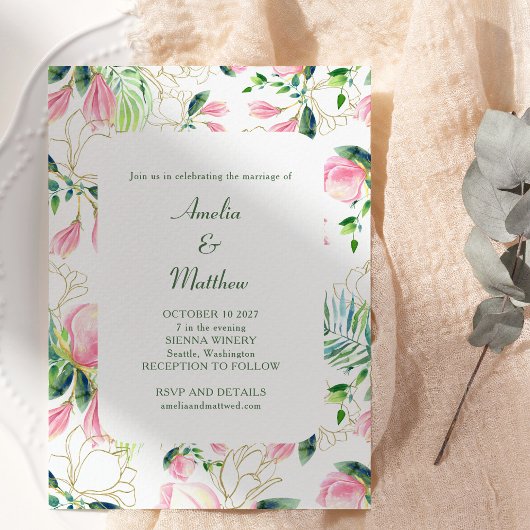 Invitation Aquarelle Magnolia Flower Pink Gold Mariage