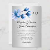 Invitation Aquarelle Magnolia Marine Bleu Mariage gris argent (Devant)