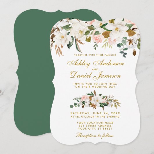 Invitation Aquarelle Magnolia Rose Floral Mariage or (Devant / Derrière)