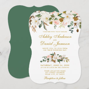 Invitation Aquarelle Magnolia Rose Floral Mariage or