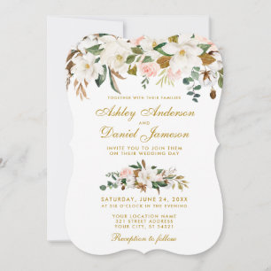 Invitation Aquarelle Magnolia Rose Floral Mariage Or