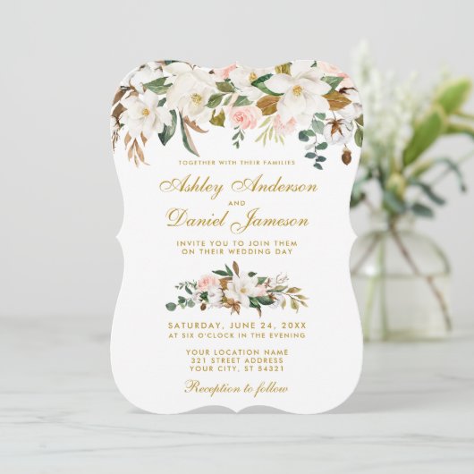 Invitation Aquarelle Magnolia Rose Floral Mariage Or (Debout devant)