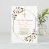 Invitation Aquarelle Magnolia Rose Geo Frame Communion (Debout devant)