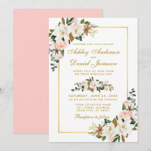 Invitation Aquarelle Magnolias Rose Floral Mariage Or