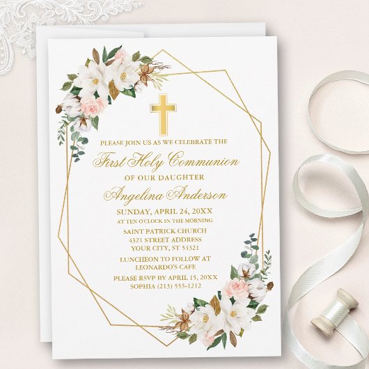 Invitation Aquarelle Magnolias Rose Geo Frame Communion