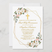Invitation Aquarelle Magnolias Rose Geo Frame Communion (Devant)