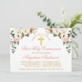 Invitation Aquarelle Magnolias Roses Première Communion Or (Debout devant)