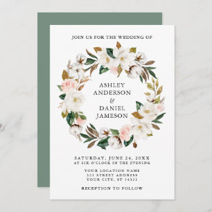 Invitation Aquarelle Magnolias Roses Wreath Sage Green