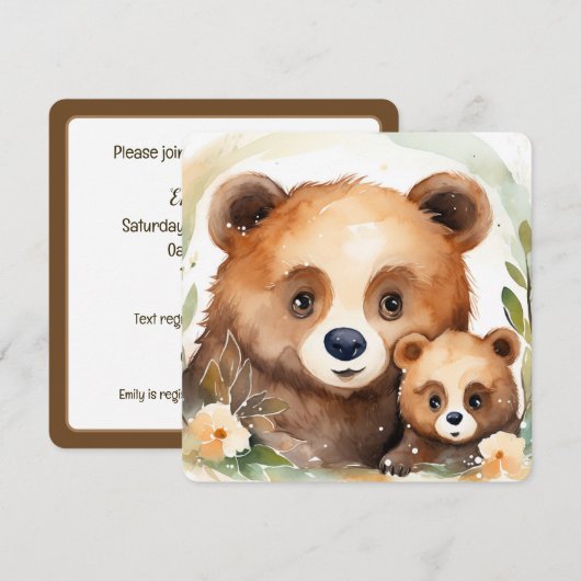 Invitation Aquarelle Mama Ours et bébé (Devant / Derrière)