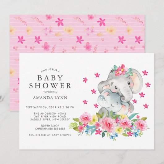 Invitation Aquarelle maman bébé éléphant bébé fille douche (Devant / Derrière)