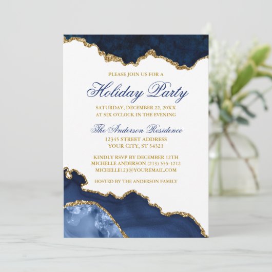 Invitation Aquarelle Marbre Bleu Géode Gold Fête (Debout devant)