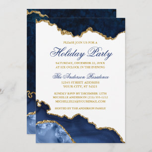 Invitation Aquarelle Marbre Bleu Géode Gold Fête