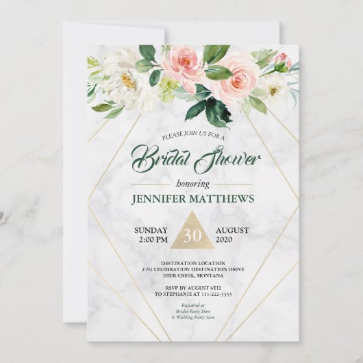 Invitation Aquarelle Marbre Floral Boho Fête des mariées (Devant)