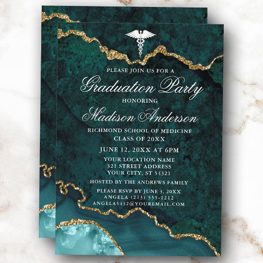 Invitation Aquarelle Marbre Turquoise Médicale Graduation Par