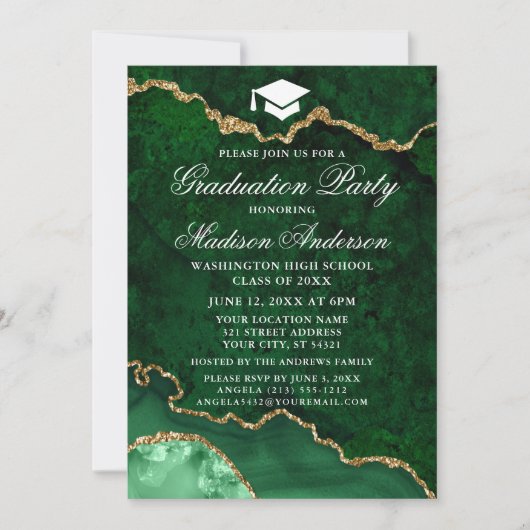 Invitation Aquarelle Marbre vert Agate Party de graduation (Devant)