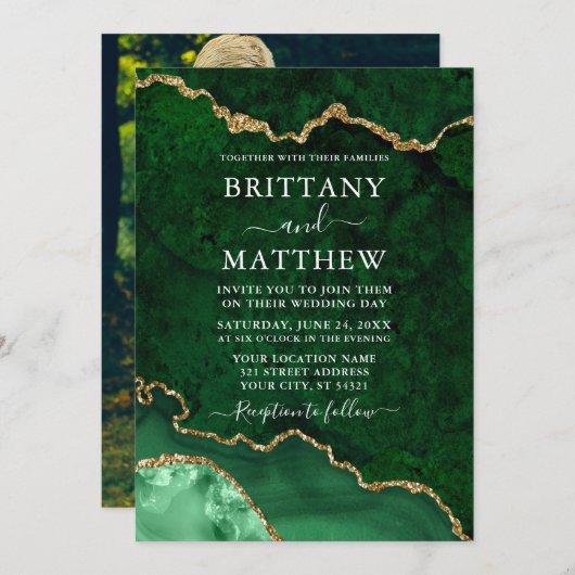 Invitation Aquarelle Marbre vert Géode Agate Photo Mariage (Devant / Derrière)