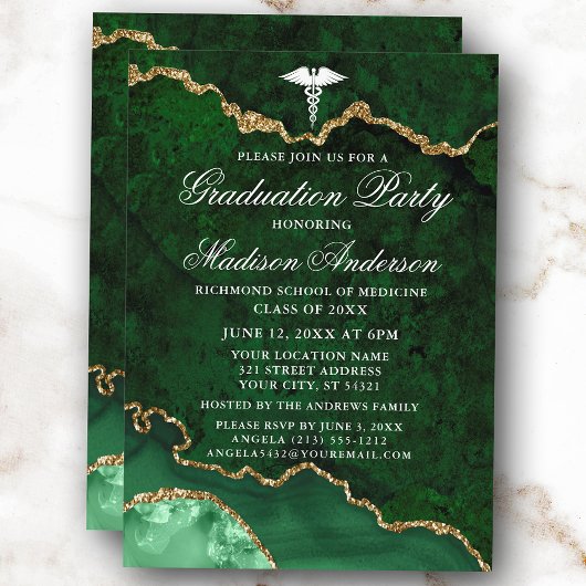 Invitation Aquarelle Marbre vert Médicale Graduation Party