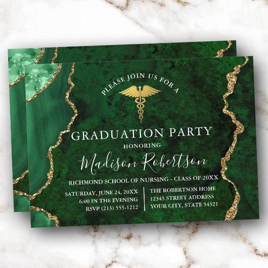 Invitation Aquarelle Marbre vert Or Médicale Grad Party