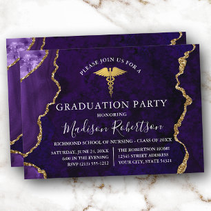 Invitation Aquarelle Marbre violet or Médicale Grad Party