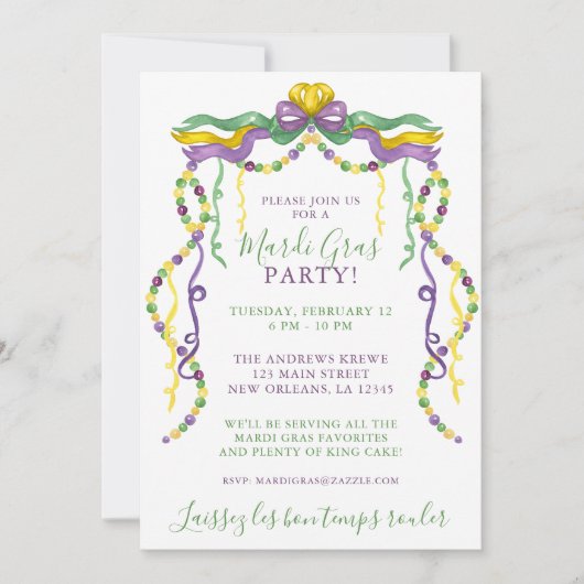 Invitation Aquarelle Mardi Gras Masques King Cake (Devant)
