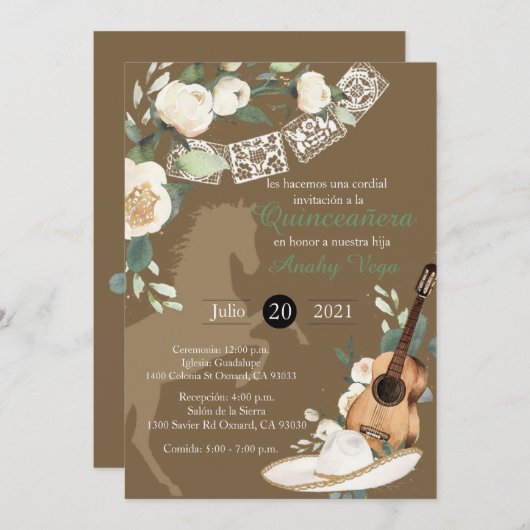 Invitation aquarelle mariachi charro or occidental (Devant / Derrière)