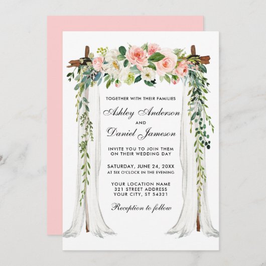 Invitation Aquarelle mariage à canopée rose bleu flou (Devant / Derrière)