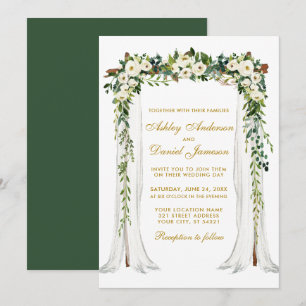 Invitation Aquarelle mariage à canopée Vert Floral Or