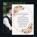 Invitation Aquarelle mariage Automne Floral Photo Geo Frame<br><div class="desc">Moderne Elegant Watercolor Floral Card comprend de belles fleurs d'automne sur un cadre géométrique doré. Roses oranges,  roses de pêche,  roses dorés,  roses roses roses,  succulents couleur prune,  roses blanches,  feuilles d'eucalyptus et autres plantes botaniques. Photo De Retour.</div>