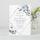 Invitation Aquarelle mariage bleu bleu foncé cadre d'argent (Debout devant)