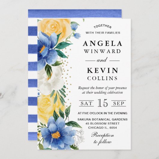 Invitation Aquarelle Mariage bleu et jaune (Devant / Derrière)