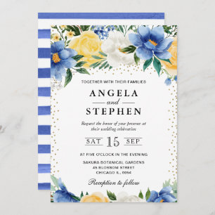 Invitation Aquarelle Mariage bleu et jaune