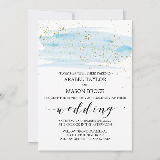Invitation Aquarelle Mariage bleu et or (Devant)