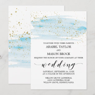 Invitation Aquarelle Mariage bleu et or