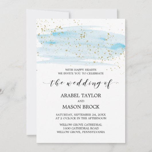 Invitation Aquarelle Mariage bleu et or (Devant)