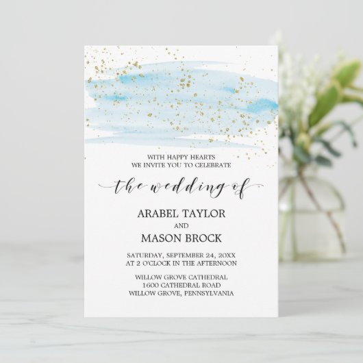 Invitation Aquarelle Mariage bleu et or (Debout devant)
