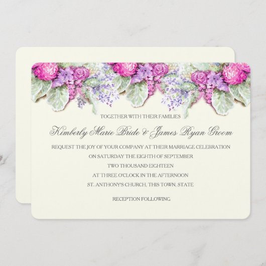 Invitation Aquarelle mariage Bouquet Purples (Devant / Derrière)