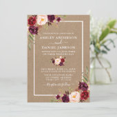 Invitation Aquarelle mariage Bourgogne Floral Kraft (Debout devant)