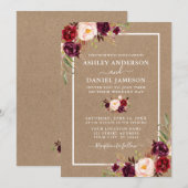 Invitation Aquarelle mariage Bourgogne Floral Kraft (Devant / Derrière)
