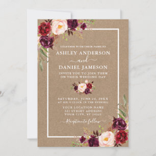 Invitation Aquarelle mariage Bourgogne Floral Kraft