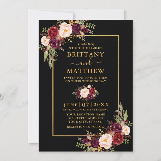 Invitation Aquarelle mariage Bourgogne Floral Noir Or (Devant)