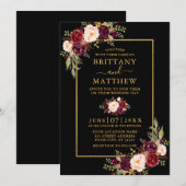 Invitation Aquarelle mariage Bourgogne Floral Noir Or (Devant / Derrière)