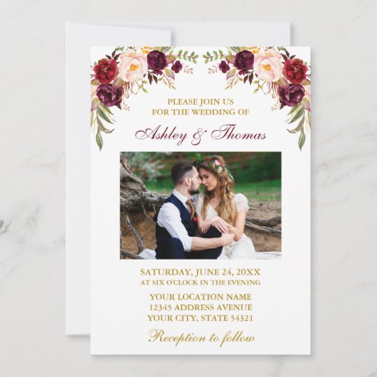 Invitation Aquarelle mariage Bourgogne Floral Photo Gold (Devant)