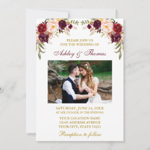 Invitation Aquarelle mariage Bourgogne Floral Photo Gold