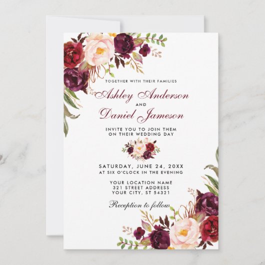 Invitation Aquarelle mariage Bourgogne Floral W (Devant)