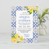 Invitation Aquarelle Mariage cadre citrons bleu et jaune (Debout devant)