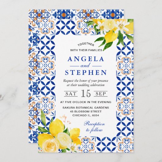 Invitation Aquarelle Mariage cadre citrons bleu et jaune (Devant / Derrière)