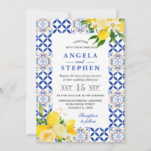 Invitation Aquarelle Mariage cadre citrons bleu et jaune
