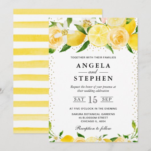 Invitation Aquarelle Mariage Citrons et Fleurs (Devant / Derrière)