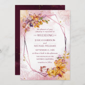 Invitation Aquarelle Mariage de automne floral bordeaux géomé (Devant / Derrière)